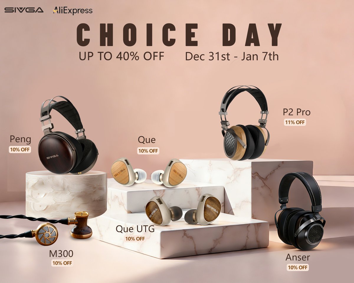 sivga_audio's tweet photo. 🔥Choice Day is here!
🎶For a limited time (Dec 31 - Jan 7), seize huge discounts of up to 40% off.
🛒Aliexpress Store:https://t.co/Sw97lK6ZIG
🛒Official Store:https://t.co/lcjc8qRufs
#Sivga #hifi #headphone #earphone #audio #IEM #audiophile #MusicLovers #ChoiceDay #Discounts https://t.co/74WLSdRpF4