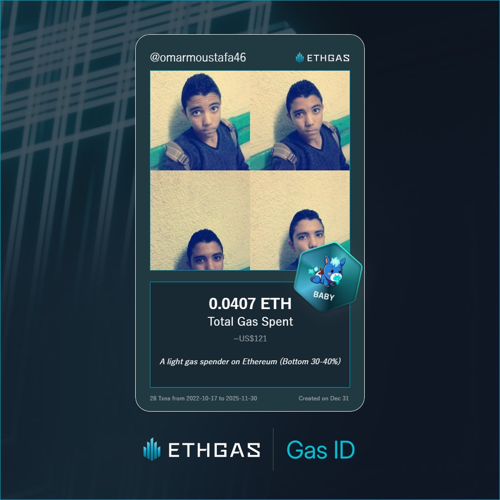 omarmoustafa46's tweet photo. Just unlocked my Gas ID via ETHGas 🪪

I'm a Baby Jack with 0.0407 ETH spent on gas since Beacon Chain - now fueling my climb to the Gasless Future and earned 8 Beans already. 

Reveal yours at https://t.co/QcjGuuY9AJ https://t.co/2iSXO2ZA2F
