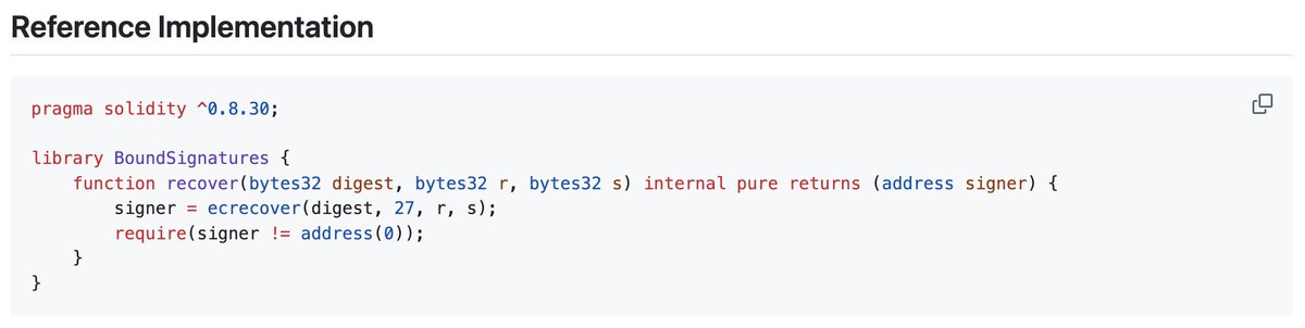 ERC-8111 bound signatures compress ECDSA signatures in ABI calldata by 33% by binding v=27. They use less gas than ERC-2098 because they can ecrecover as-is. They are also not malleable because v is bound.
ethereum-magicians.org/t/erc-8111-bou…