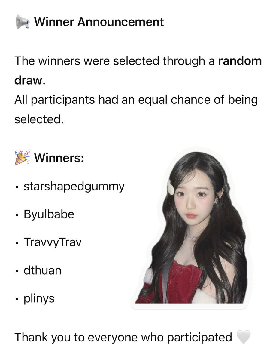 ChaeS00m's tweet photo. ✨ Winner Announcement ✨

I will be sending the objekts to the winners next.

Thank you so much to everyone who voted for Soomin 🤍🗳️

Your support truly means a lot 💫 https://t.co/en0UuOC2MR