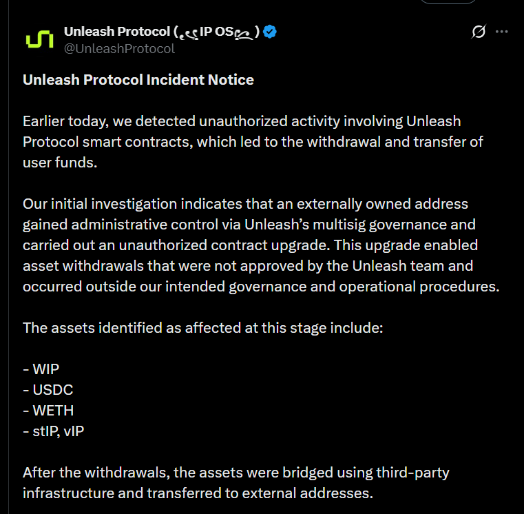 It’s been 24 hours since the hack happened, and around $3.9M$ of user funds are gone

But there is still no update from either <a href="/StoryProtocol/">Story</a> or <a href="/UnleashProtocol/">Unleash Protocol (꧁IP OS꧂)</a> 

This isn’t the first time I’m seeing this kind of behavior from the Unleash team. They already rugged users earlier