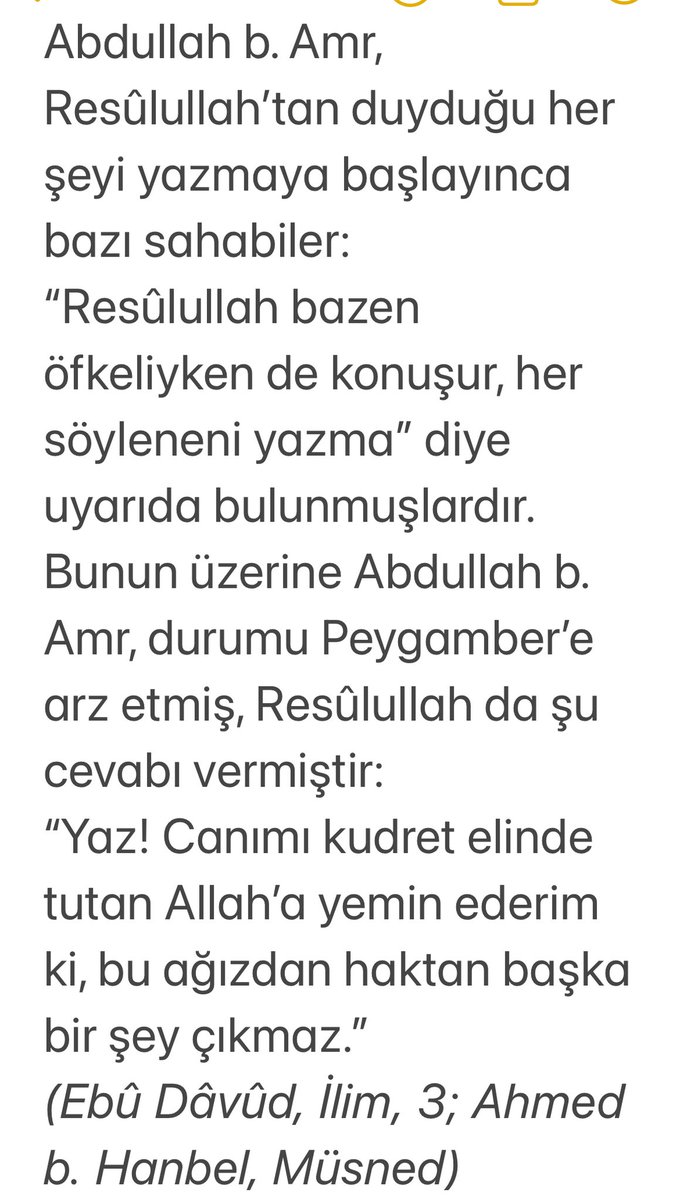OmerAtillaErgi's tweet image. Birçok hadisin Allah Resulü hayattayken ve izniyle yazıldığını bile bilmiyorlar. 
Abdullah b. Amr b. El-As’ın 1000 hadis içeren Sahifetü’s Sadıka bu sahifelerden biridir.
Ömer ibn Abdulaziz, Efendimizin vefatından 68 yıl sonra hadisleri toplattırmış ve kitaplaştırmıştır.