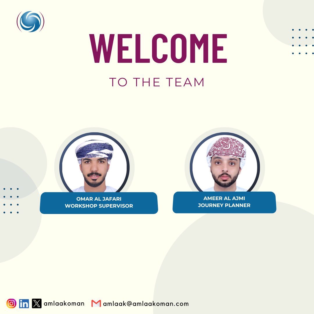 نرحب بانضمام كفاءات جديدة إلى فريقنا:  
عمر الجعفري - مشرف ورشة   
أمير العجمي - مخطط رحلات 

ونتمنى لهم كل التوفيق والنجاح في رحلتهم المهنية.  
#نفكر_من_خلال_الطاقة  

We welcome new talents to our team:  
- Omar Al Jaafari: Workshop Supervisor  
- Ameer AL Ajmi: Journey planner