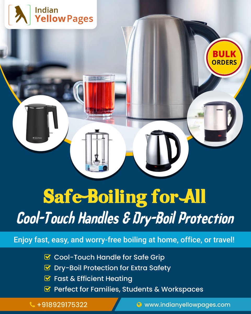 B2BClassifieds's tweet image. ☕ Safe Boiling for All - indianyellowpages.com/directory/elec…☕

✅ Cool-Touch Handles 
✅ Dry-Boil Protection 
✅ Fast &amp;amp; Efficient Heating 

#ElectricKettle #SafeBoiling #BulkOrders #KitchenAppliances #IndianYellowPages #HomeAppliances #OfficeSupplies #SafetyFirst #FastBoiling