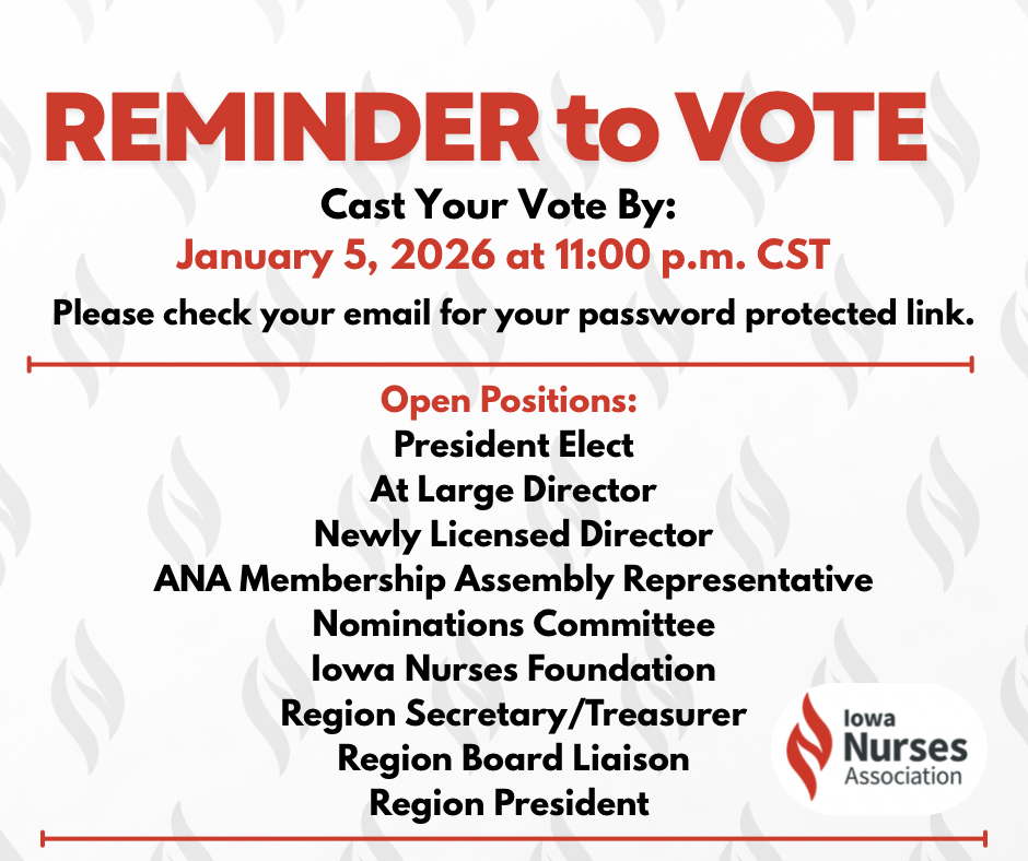 📢 Reminder: INA 2025 election ballot is open!

🗓 Deadline: Mon, Jan 5, 2026 @ 11 PM CST
📧 Check your email for the ballot link and password.
#INA #NursingLeadership #Vote