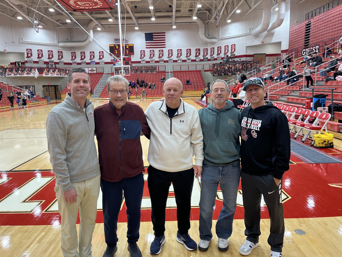 At Center Grove High School today.  Kevin Stuckmeyer and his girls defeated Brownsburg in a great game 46-43, and has been a head coach for 12 years.  Teammate Ben Snyder was a head coach 13 years.  With their fathers in 2nd pic.  I coached both and we also coached together.