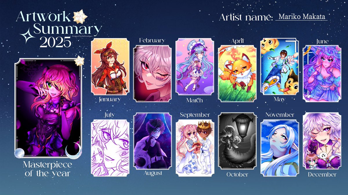 #Artsummary2025 

Art template by: <a href="/whoismiyan/">Miyan!!!</a> 💖

I can't believe another year has just ended! I hope to have the opportunity to make more and better drawings in 2026 💗 I wish you a happy new year! 🌟