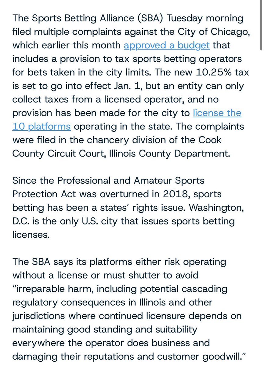 ConnorAllenNFL's tweet image. Apparently Chicago is now at risk of losing sports betting entirely…

Earlier this year @ChicagosMayor added a 10.25% sports betting tax just to Chicago, set to kick in Jan 1, 2026.

The problem?

Taxation on sports betting comes from states, not cities. If a city wants to, they…