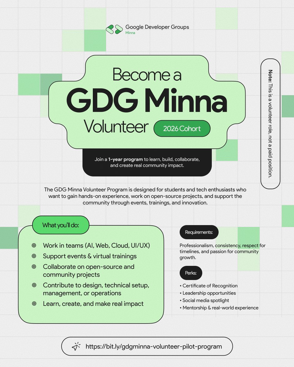 🤝 Become a GDG Minna Volunteer!

Gain hands-on experience, build projects, support events &amp; grow in tech 🚀

📅 2026 Cohort
🔗 Apply: bit.ly/gdgminna-volun…

#GDGMinna