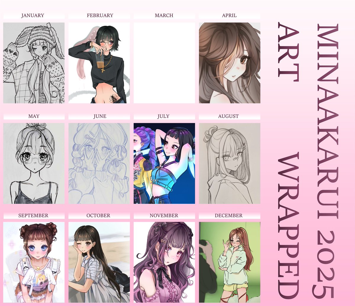 minaakarui's tweet photo. 🌸2025 ART WRAPPED🌸
Last and ending of this year, I was in an art slump. If at all I barely scribbled things off Pinterest to keep my hand moving. However, after making some life decisions I eventually picked my pencil back up!

Reminder: Taking breaks is okay💞
#2025artsummary https://t.co/JlfZqS7Z84