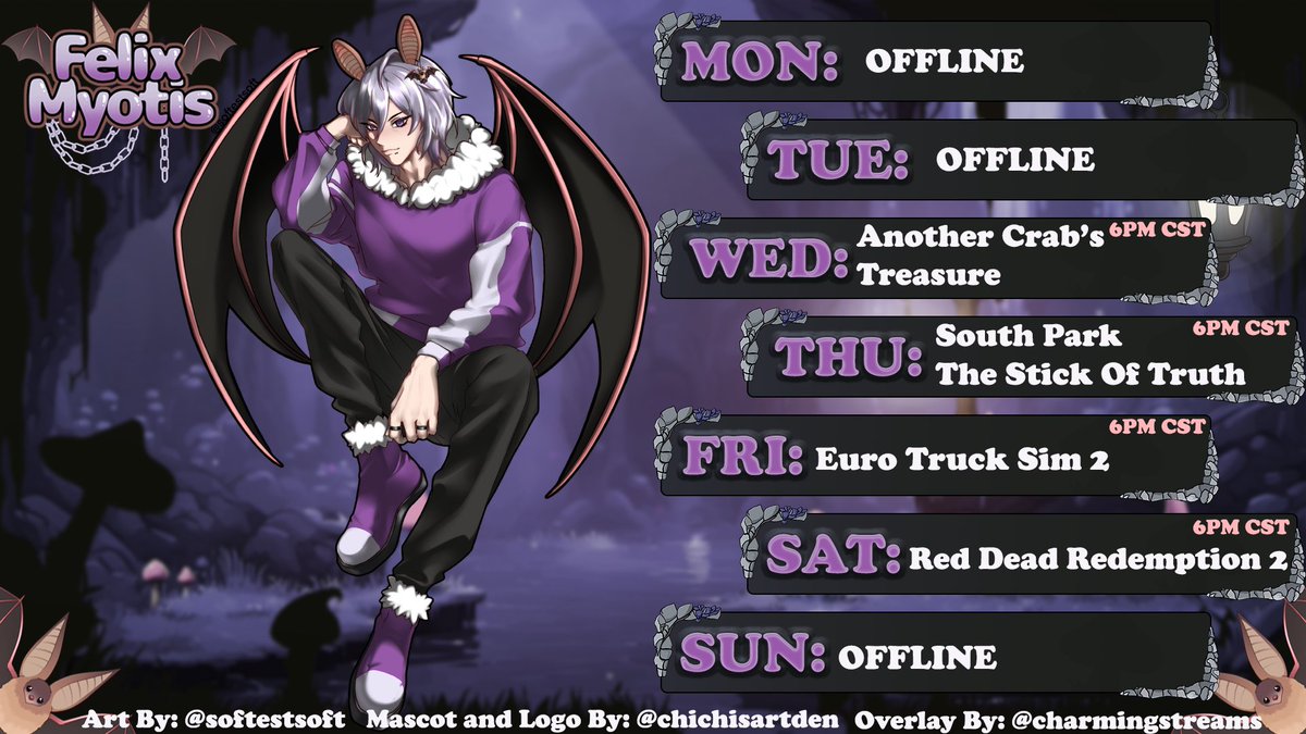 FelixMyotisVT's tweet photo. This week's schedule! Damn this year went by so quickly, we're already about to be in 2026 😲I'm grateful to have spent much of this year with all of you and spending time together on stream 💜 You are all amazing! I look forward to see what 2026 has in stores for all of us! 💜🦇 https://t.co/rYcHn0aCcW