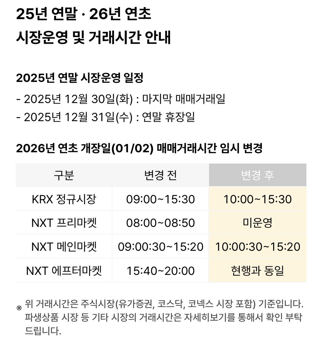 2026년 1월 2일 주식 매매 임시 거래 시간 변경 (한화투증 화면 캡춰본)