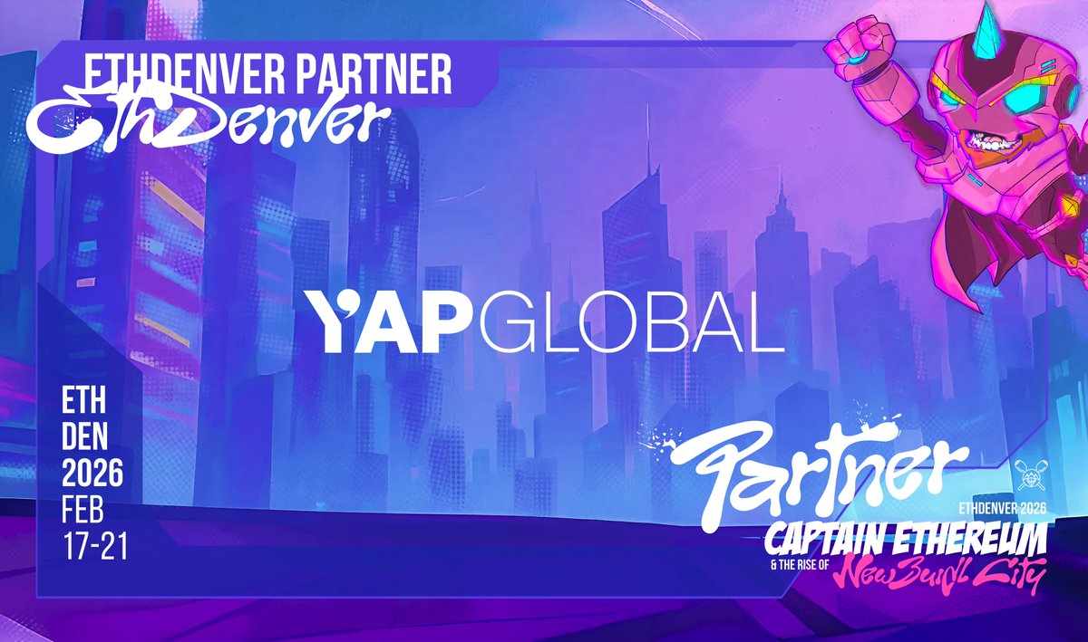 Partner Announcement 📢 Big welcome to @YAPGlobalTeam, joining us as a  Partner for ETHDenver 2026! Your partnership helps us set the stage for  another incredible year of innovation, creativity, and collaboration. Thanks
