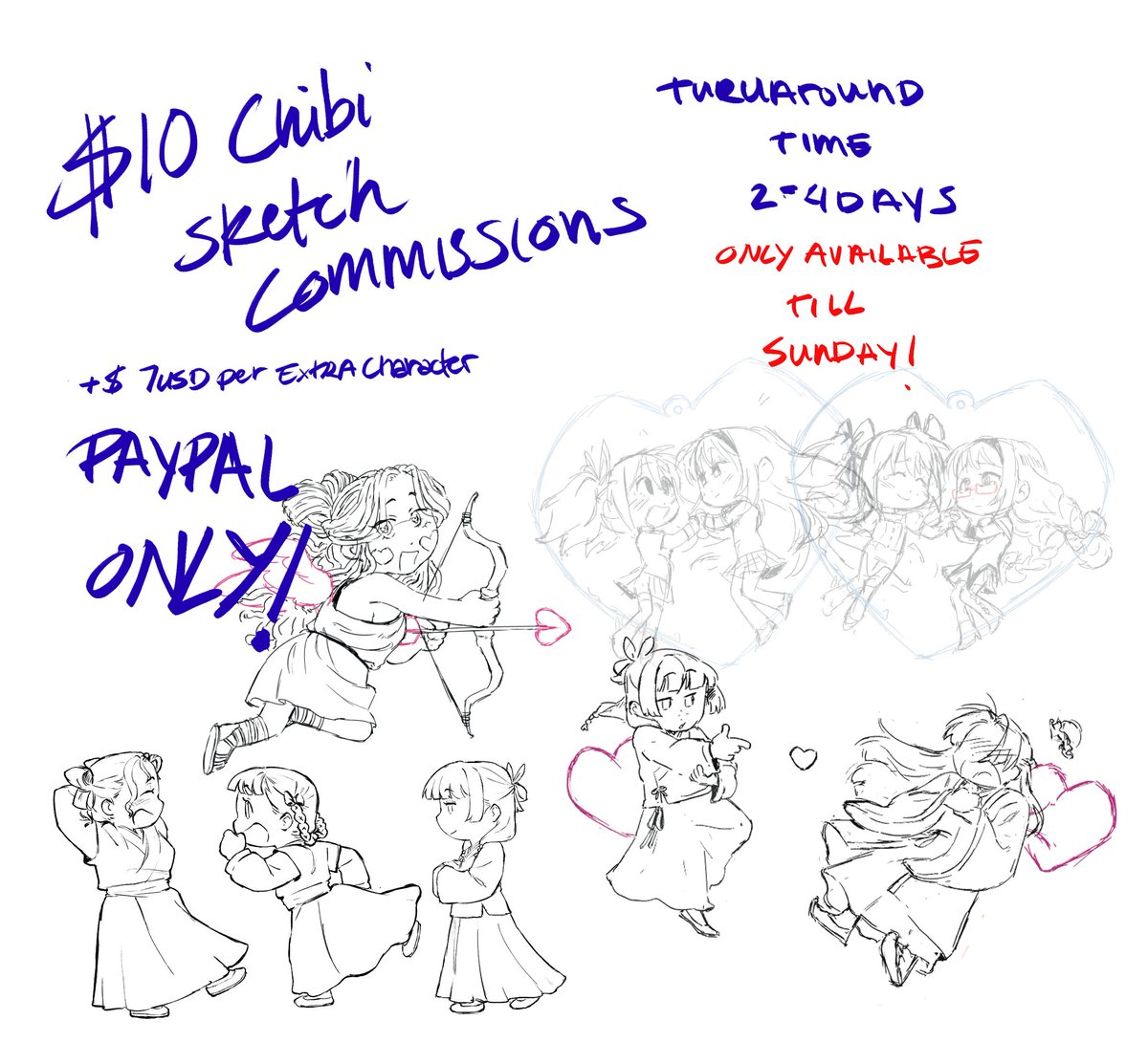 Hi I'm so sorry I'm bit desperate for money atm so I'm running a short sale on commissions from now until Sunday for $10 for Chibis sketches!  

 DM me if you're  interested!
  #薬屋FA