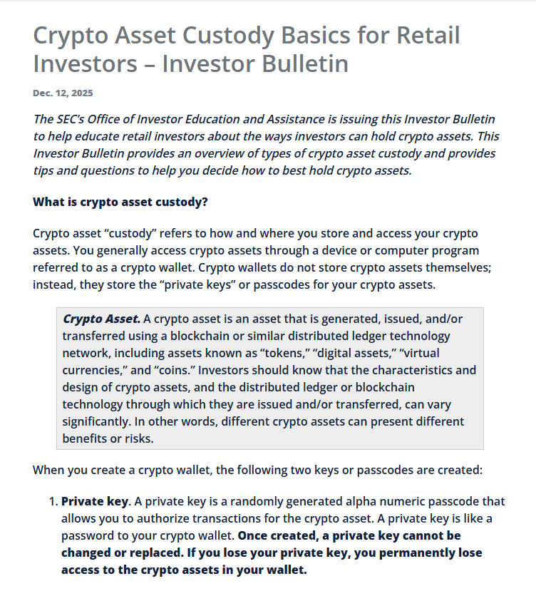 JUST IN: 🇺🇸 SEC publishes "Crypto Asset Custody Basics for Retail Investors," explaining how crypto wallets and custody work.