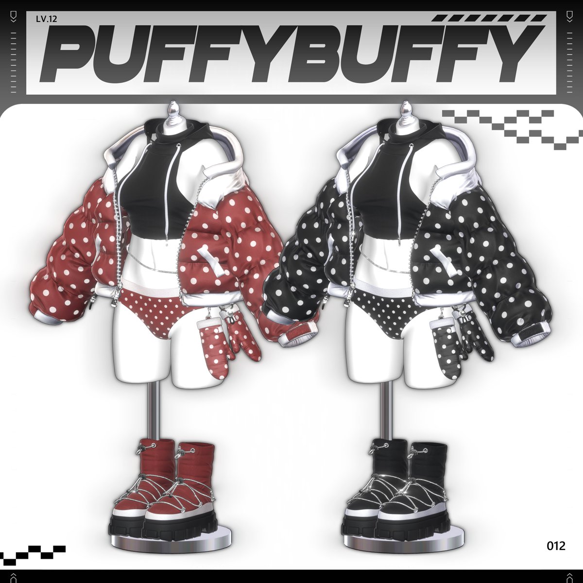 LookVook_VRC's tweet photo. ☁️ #LookVook 新作 Coming Soon！❄️
『𝐋𝐕.𝟏𝟐 Puffy_Buffy』

空気を抱えたボリューム、
力の抜けたシルエット。
“防寒”のための服なのに、どこか無防備──
それが Puffy_Buffy の核心。

🧩 Parts & Styling

今回の『𝐋𝐕.𝟏𝟐』は、
組み替え・重ね・崩しを前提に設計されたフルセット構成。

立体感を強調した クロップド・パフィージャケット

ルーズに溜まる ワイドシルエットパンツ

インナーとしても主役になる フーディ／トップス系パーツ

首元・手元・足元に“余白”を残す アクセサリー＆防寒小物

ボリューム感を受け止める ブーツ＆レイヤーパーツ

どれか一つを外しても、
足しても、
“それっぽく崩れる”のがこの衣装。

❄️ Variations

そして──
2025年を締めくくる最後のLookVook衣装として、
これまで以上に非常に多彩なバリエーションを用意しました。

テクスチャ、配色、パターン、質感。
クールでスタイリッシュなストリート寄りのコーデから、
丸みと余白を活かした、少し愛嬌のある・かわいい方向のスタイリングまで──
ひとつの衣装で、かなり広い表情をカバーできる構成になっています。

📸 今回の画像は、その中から“ほんの一部”を先行公開したもの。
あくまで“味見”。
本編は、まだ奥にあります。

☃️ 『𝐋𝐕.𝟏𝟐 Puffy_Buffy』
それは、着込むための冬じゃない。
だらっと、ふわっと、2025年を終わらせるための一着。

続報を、お楽しみに。

#VRChat #VRC #booth_pm #BOOTH #unity3d