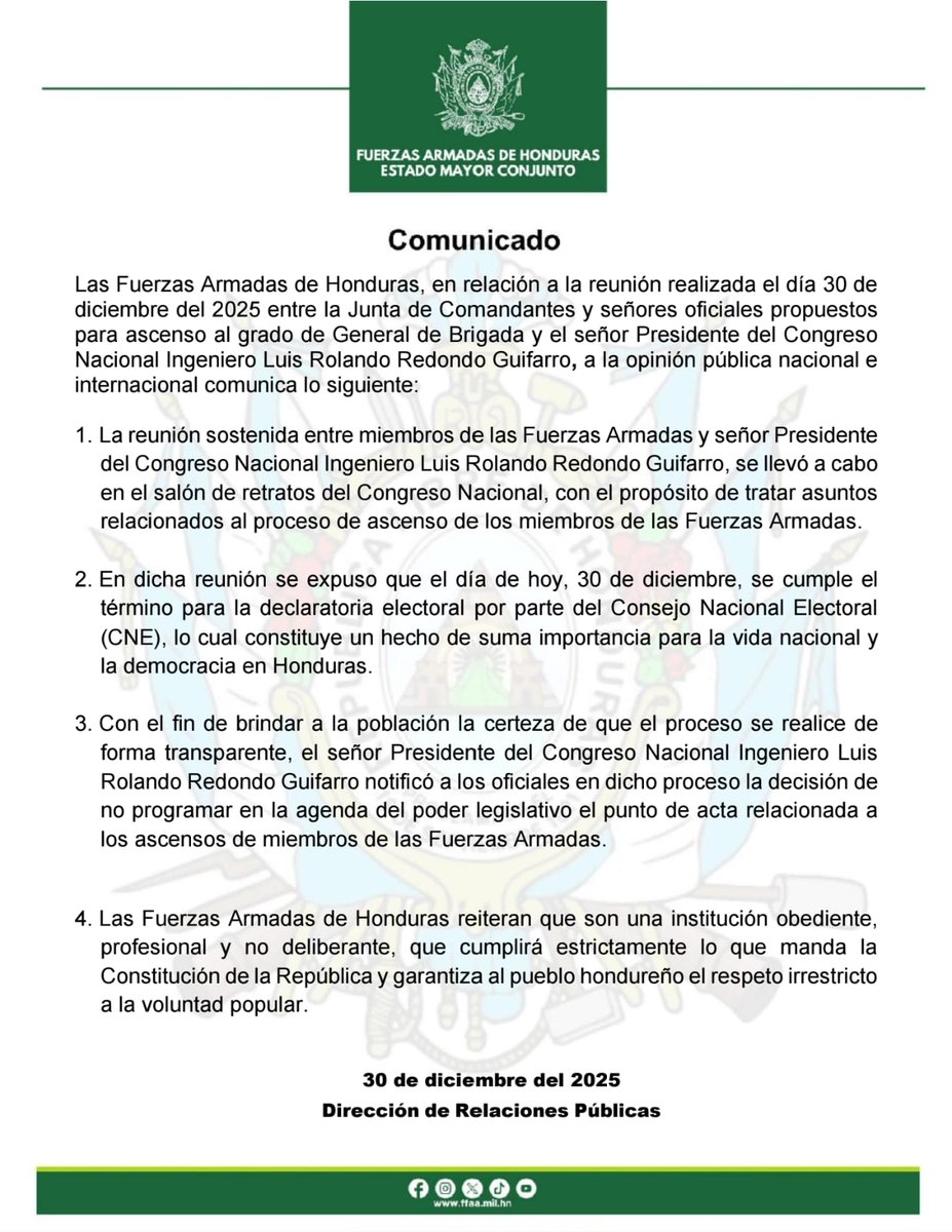 #ComunicadoFFAA || Las Fuerzas Armadas de Honduras, al pueblo hondureño y a la comunidad internacional comunica lo siguiente: