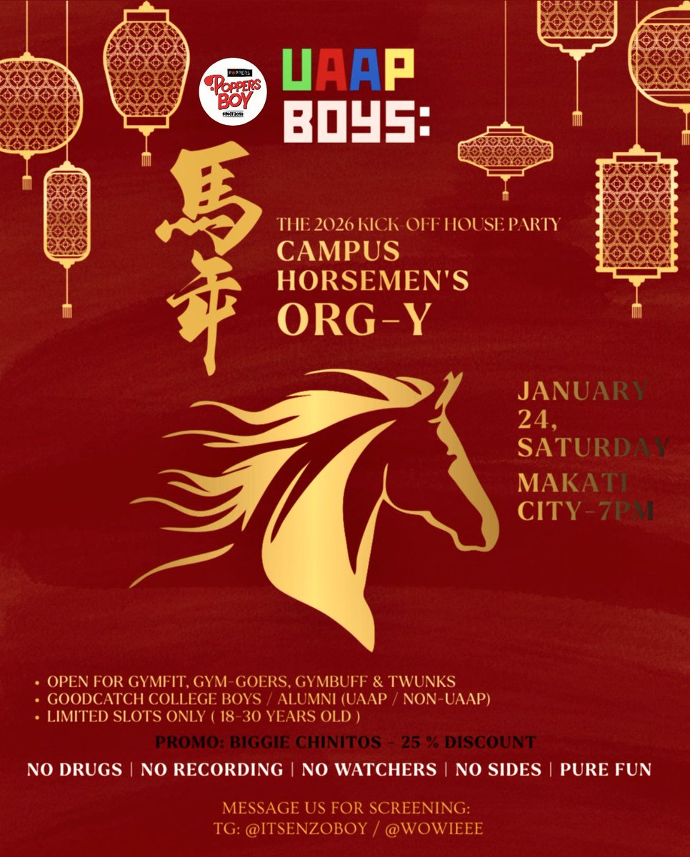 HornyThomasianB's tweet image. 🦅🐯🏹🔰✊🐦🐶⚔️

As the Year of the Horse kicks in, be ready for some horse BAREback ridin! 🔥

It will be a fuckin’ hot 2026 kick-off ORGY!

OPEN NOW FOR REGISTRATION 
🚨18 to 30 y/o
🚨 GOODCATCH BOYS

BIGGIE “DAKS” CHINITOS can enjoy a 30% discount🍆✨ 

Join us! 📥 #UAAPOrgY