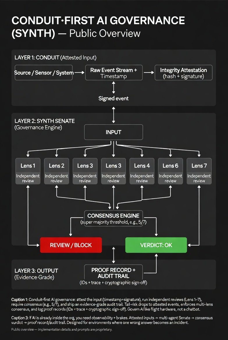 insclaimexpert1's tweet photo. Conduit-first AI governance: attested inputs (timestamp+signature) → independent multi-lens review (1–7) → consensus threshold (≥5/7) → evidence-grade proof record + audit trail. Built for high-stakes ops where tail-risk is unacceptable. #AI #AIgovernance #SafetyEngineering #Verification #Auditability