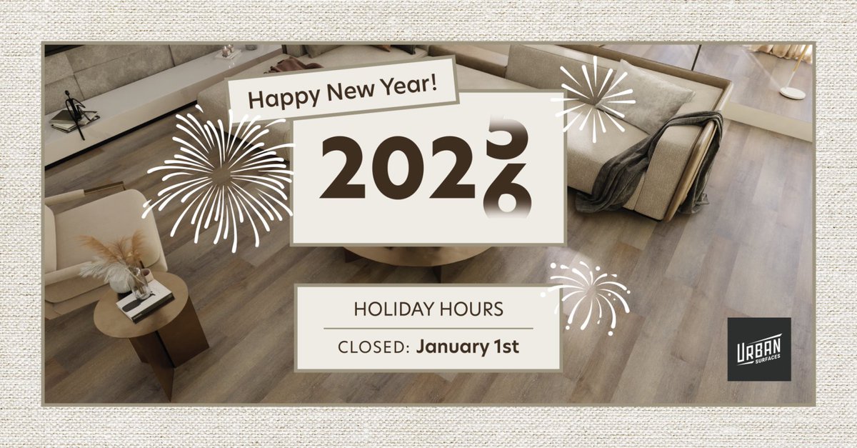 UrbanSurfaces's tweet photo. Happy New Year from Urban Surfaces.
We’ll be closed on January 1st and will resume normal business hours on January 2nd.
 Wishing our partners a strong and successful year ahead. https://t.co/9rbNmbGCtL