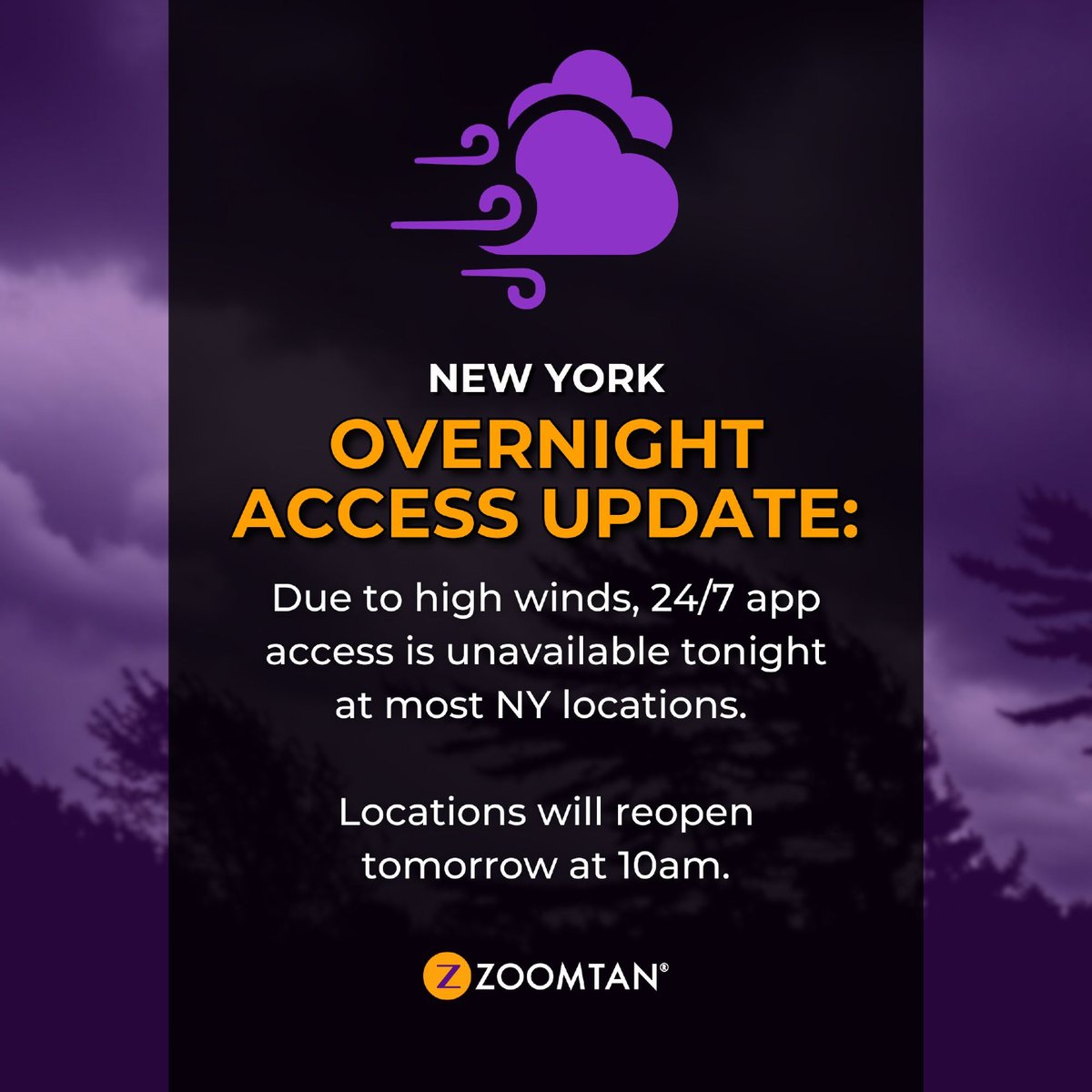 ZoomTan's tweet image. 🚨 NY OVERNIGHT ACCESS UPDATE

Due to high winds, many New York locations will not have 24/7 member access overnight tonight (12/30).
All locations reopen at 10am tomorrow.

We appreciate your understanding and apologize for any inconvenience.

🟣 ALL OVERNIGHT CLOSURES

🟣…