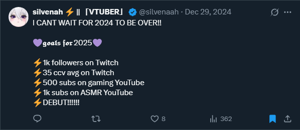 silvenaah's tweet photo. this is crazy to look at. 

Dear past Silvy.. a lot has changed.

💜4.3k on Twitch
💜100+ ccv avg 
💜5.7k subs on your gaming YouTube
💜you uh.. forgot about your ASMR channel.. 
💜you did it. you debuted AND you made Partner.

The sky is the limit, you silly lil dragoon. https://t.co/D9oodJO7S2