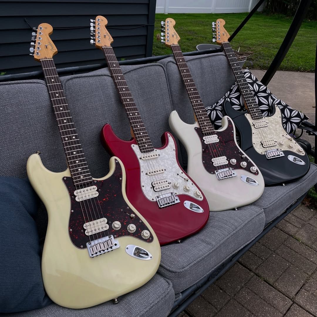 Fender's tweet photo. Ring in the new year with this lineup of Strat guitars from @thumb_coast_guitars on IG. Tag us in your gear with #FenderFanMail for a chance to be featured next. https://t.co/6cDEI8WOt3