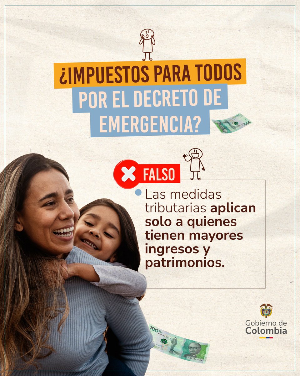 MinTransporteCo's tweet photo. La #EmergenciaPorLaEstabilidad económica no impacta a todos por igual.

Esta decisión está pensada para que aporten más quienes tienen patrimonios mayores a $3.600 millones; es decir, la mayoría de las y los colombianos no verá cambios en sus impuestos. https://t.co/bZTPKmak4p