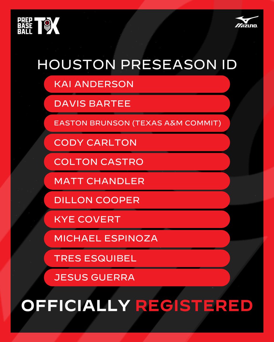 PrepBaseball_TX's tweet image. 𝐇𝐨𝐮𝐬𝐭𝐨𝐧 𝐏𝐫𝐞𝐬𝐞𝐚𝐬𝐨𝐧 𝐈𝐃 ❄️

+ We welcome the following players to the Houston Preseason ID, being held this Sunday, Jan. 4th, at Rice University!

+ 𝙍𝙀𝙂𝙄𝙎𝙏𝙀𝙍 with the link below. 👇

🔗: loom.ly/zwqMsXw