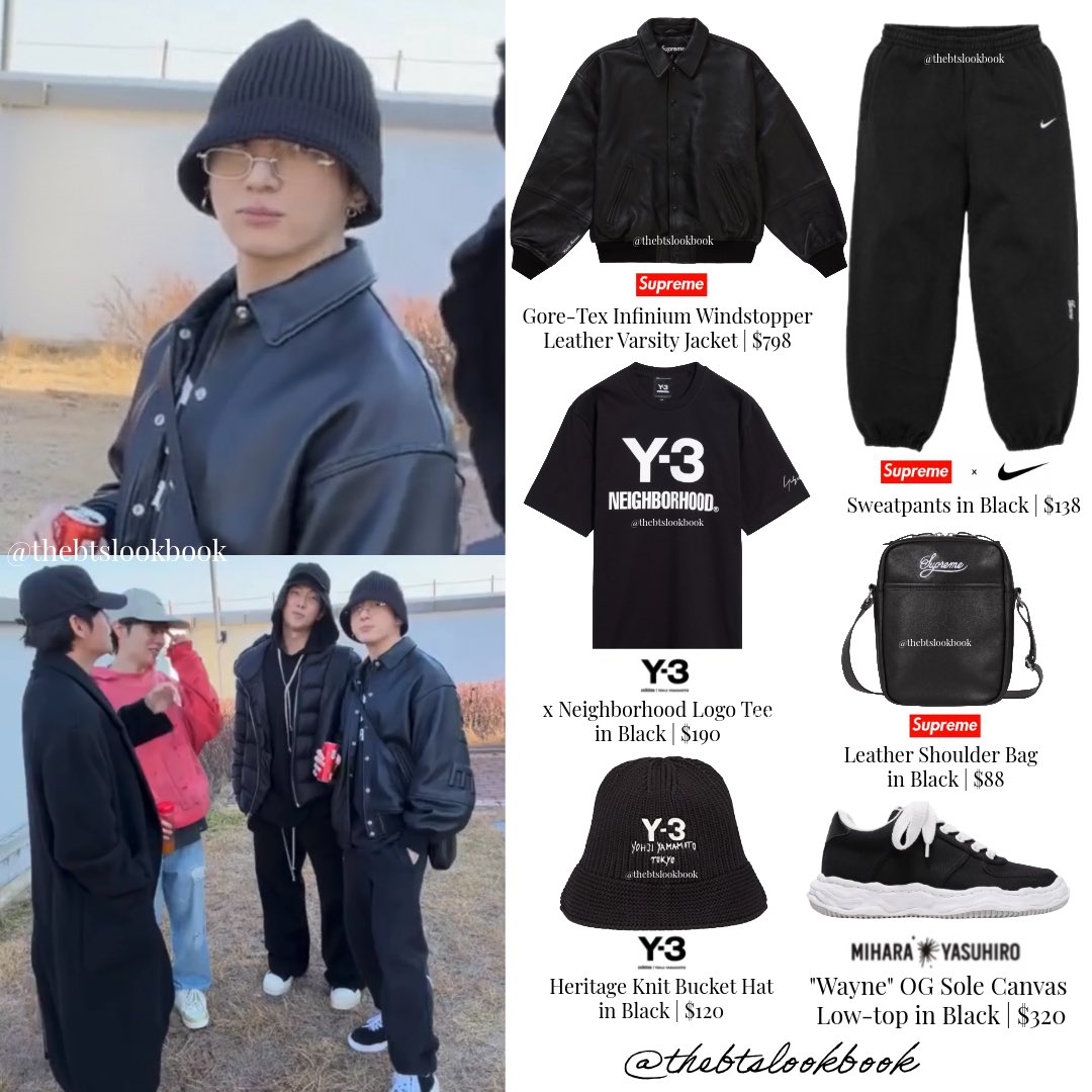 Jungkook wearing Supreme “Leather Jacket and Bag”, Nike x Supreme