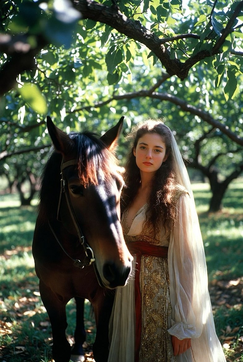 arterrorr's tweet photo. Grok Imagine prompt:

A 28-year-old woman in traditional attire stands with a horse in a walnut tree garden, in a candid, old camera style. https://t.co/yMjbsq7oYT