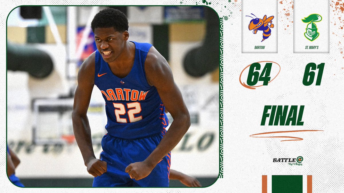 BattleVillages's tweet photo. Bartow advances to the Battle at The Villages Championship Game over St. Mary's! Derwyn Link provided a double-double effort with 13 PTS and 11 REB for Bartow. https://t.co/1jBUhpXxTw