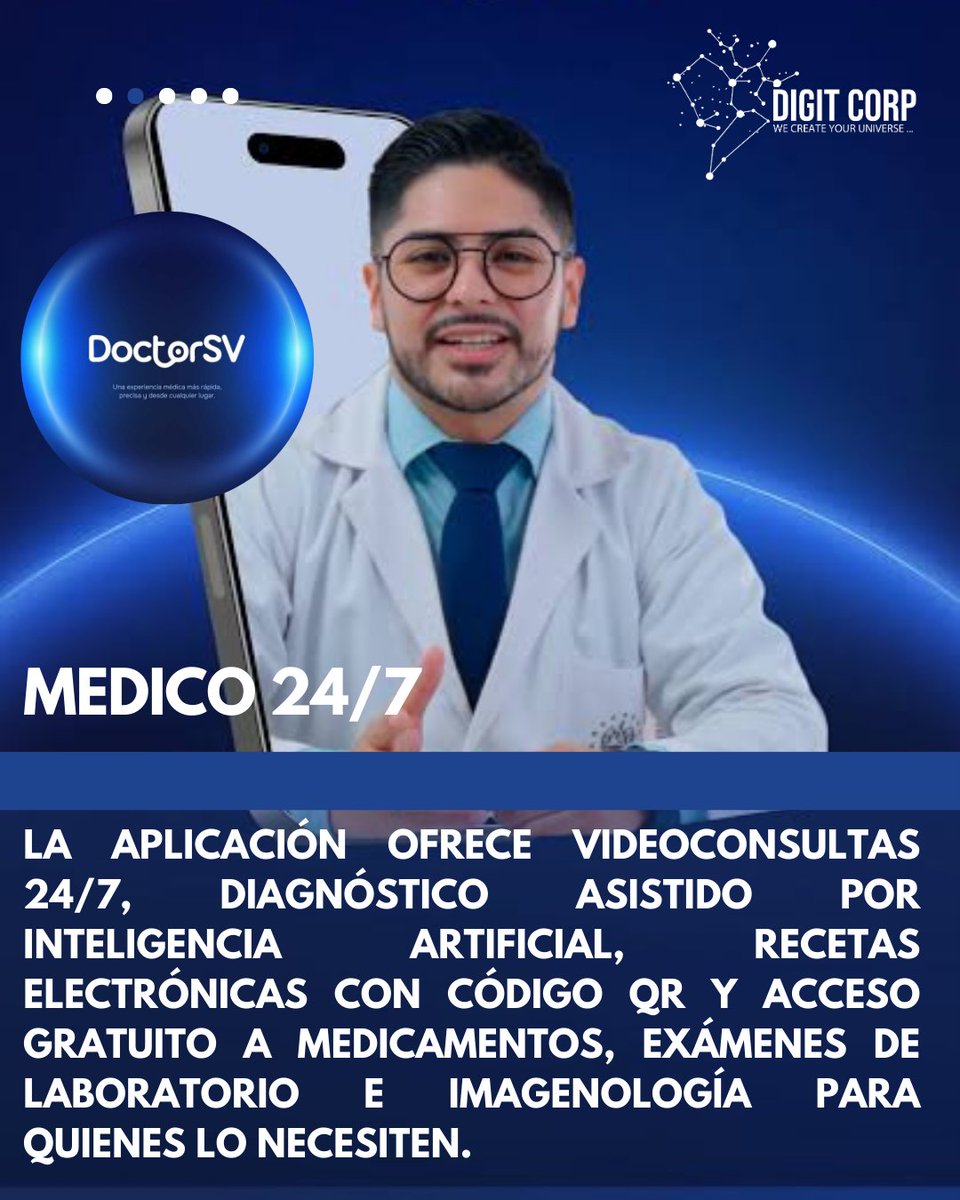 Digit_Corp's tweet photo. El Salvador marca un antes y un después en la salud pública. Con el lanzamiento de DoctorSV, una app gratuita con videoconsultas 24/7, diagnóstico asistido por IA y acceso inmediato a recetas y estudios médicos.
#DoctorSV #ElSalvador #DigitCorp https://t.co/nLEzXLmtej