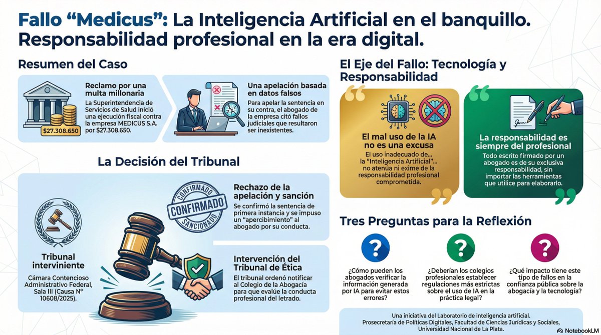 ⚖️Atención, primer caso que ya incorpora una sanción de "apercibimiento" para un abogado por mal uso de la Inteligencia Artificial. Fallo Supertintendencia de Salud c/ Medicus
Ver análisis multimedia en el Blog Legaltech de la FCJyS de la <a href="/unlp/">UNLP</a> 
👉48webs.wixstudio.com/blog-legaltech…