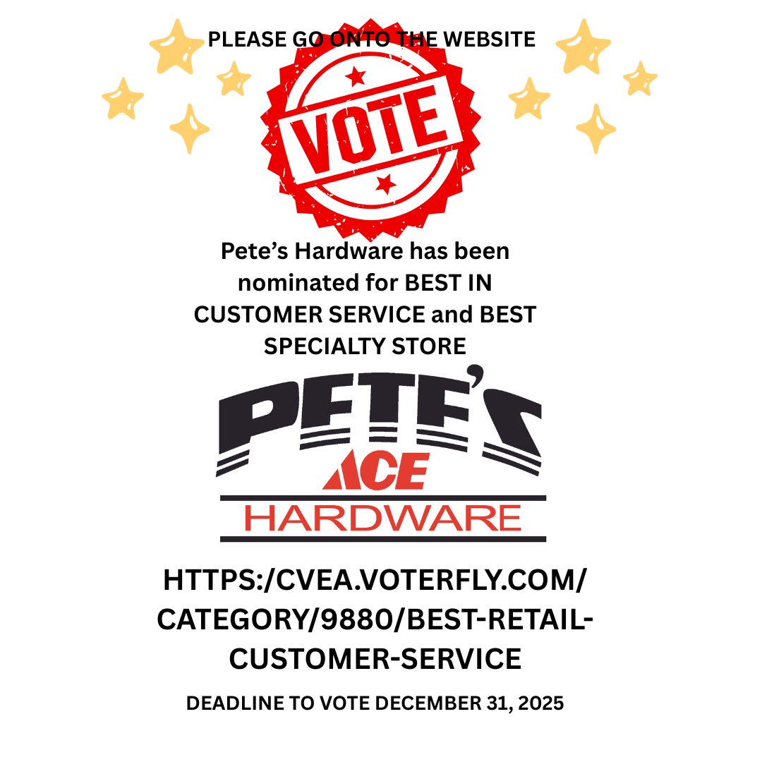 Don't forget to VOTE for Pete's Hardware. Sign up with your email.
