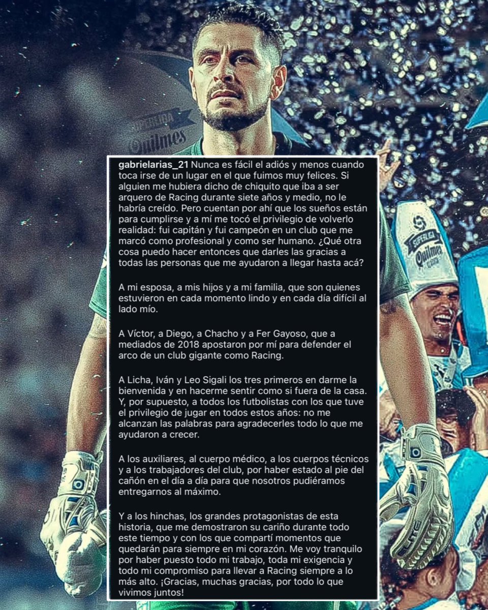 Gabriel Arias se despide de La Academia:

"Si alguien me hubiera dicho de chiquito que iba a ser arquero de Racing durante siete años y medio, no le habría creido (...)". 

🥹