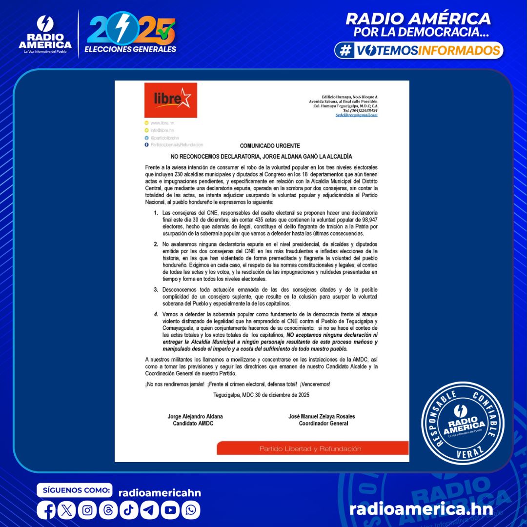 HONDURAS 
LIBRE desconoce los resultados