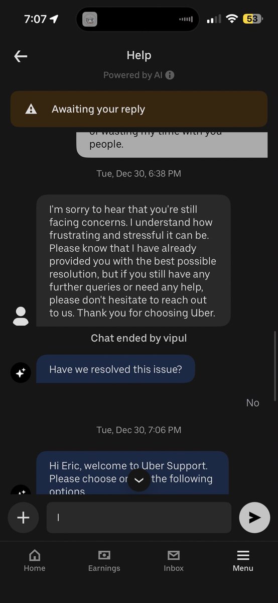 ehiric's tweet photo. @Uber_Support this is the only message your customer service “person” sent me. I’ve been dealing with an issue for two weeks. A week ago it said it was escalated and a ticket opened. I never heard back from anyone. When I reach out I get a useless message &amp; the chat gets closed https://t.co/URSZFnLox5