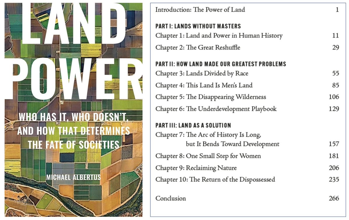 Last book of 2025

𝘓𝘢𝘯𝘥 𝘗𝘰𝘸𝘦𝘳, by political scientist <a href="/mikealbertus/">Michael Albertus</a>, argues that throughout history land ownership determines whether a society is egalitarian, develops economically, and cares for the environment. It discusses cases from around the world.

Check it out!