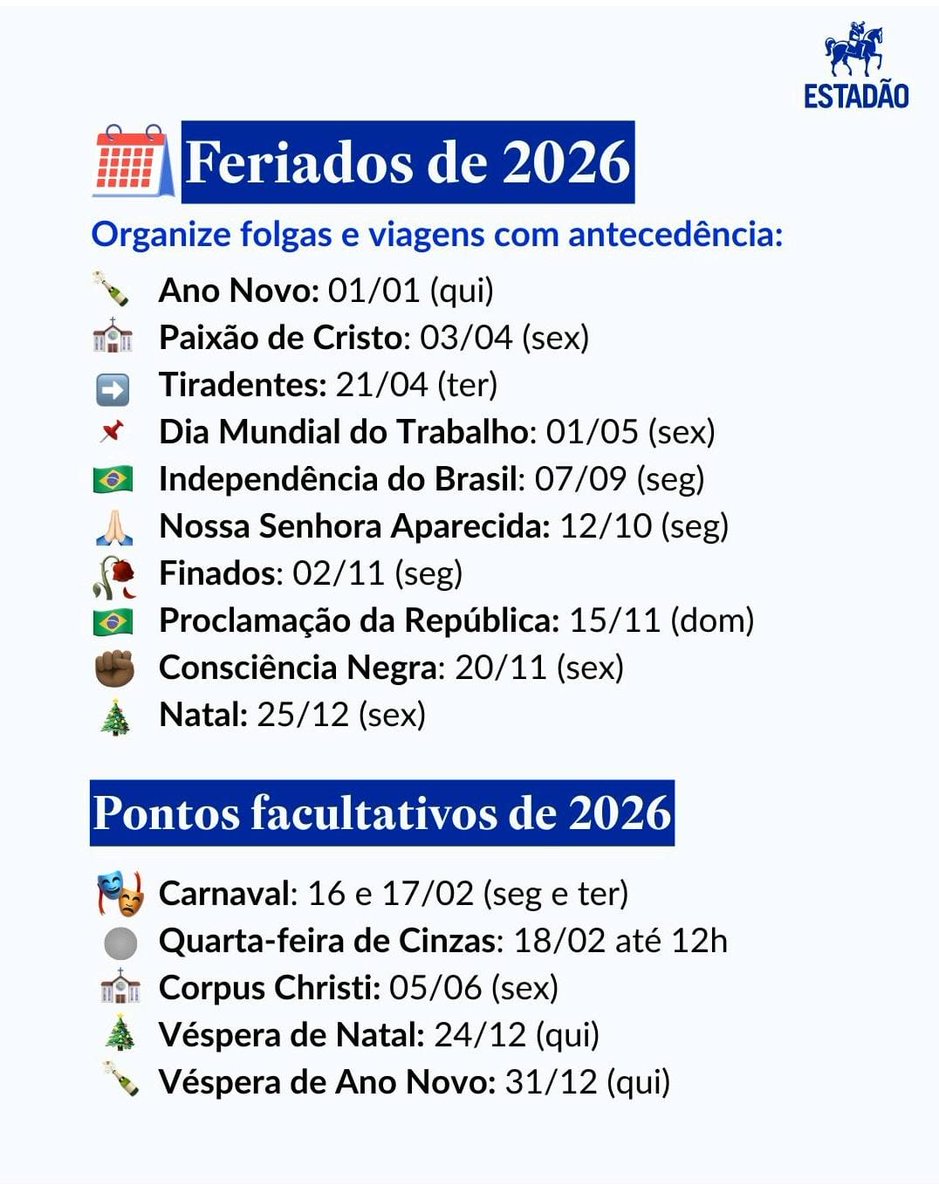 felpsgalvao's tweet image. Utilidade pública: feriados de 2026! 🙌❤️