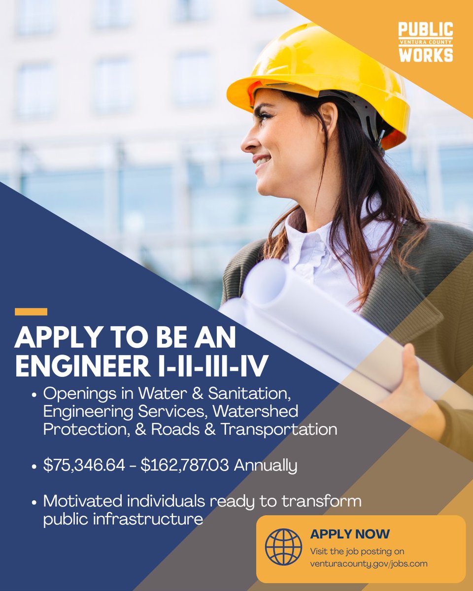 VCPublicWorks's tweet photo. Engineering your future starts here! Ventura County PWA is hiring Engineers I–IV.

Work on real public projects, collaborate with agencies, and help shape the community. 🚧🌟

🔗View the job posting here:
https://t.co/RA51mKl9pQ https://t.co/qYbp4Mfhgr