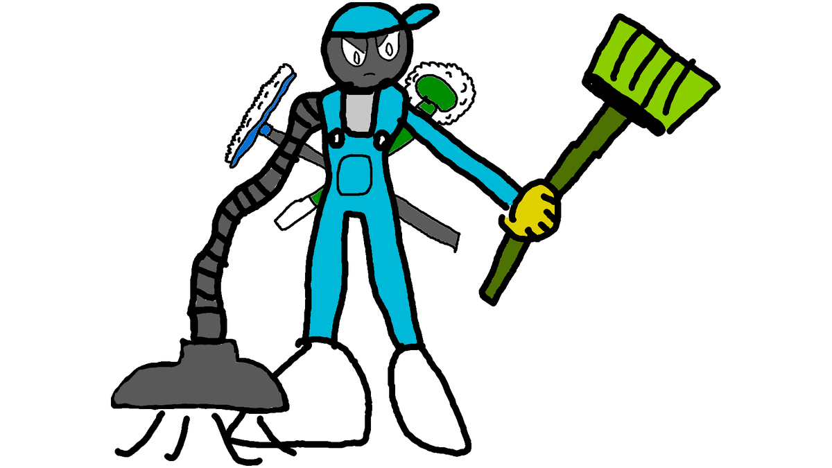 #MegaManDO #DesignARobotMaster 
Name: Clean Man
Pen Name: NoName141203
A cleaning robot with a vacuum cleaner on his arm and multiple cleaning tools