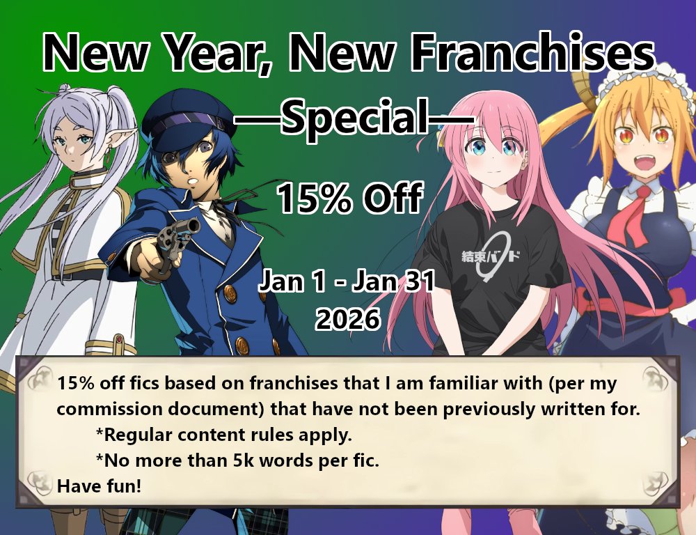 TheSmutWizard's tweet photo. Did you know that I know more than just Fire Emblem, Xenoblade, Pokémon, and Zelda? Let's start 2026 with that in mind with an "untouched franchises" special!

Valid for all fics accepted within the timeframe, regardless of the date published. (Regular content rules apply.) https://t.co/sOCQzpryHQ