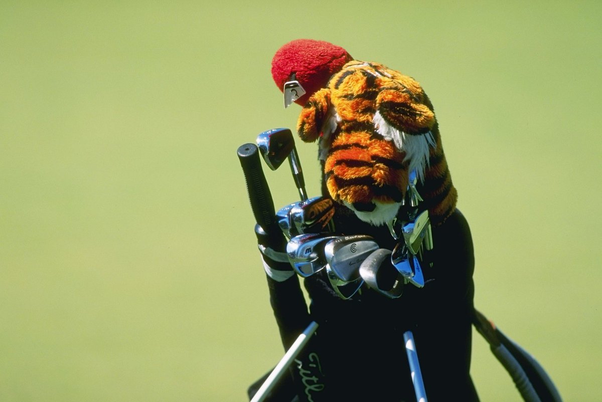 This remains my favorite Tiger gear photo: Ping stand bag. Titleist umbrella. Broken headcover tag. Mixed Mizuno irons. Cleveland Tour Action. 

Perfection.