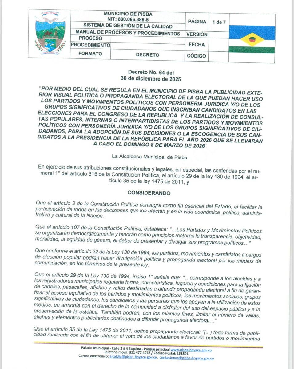 DECRETO No. 064 DE DICIEMBRE 30 DE 2025
"POR MEDIO DEL CUAL SE REGULA EN EL MUNICIPIO DE PISBA LA PUBLICIDAD EXTERIOR VISUAL POLITICA O PROPAGANDA ELECTORAL DE LA QUE PUEDAN HACER USO LOS PARTIDOS Y MOVIMIENTOS POLITICOS CON PERSONERIA JURIDICA...

Conoce más detalles aquí 👇