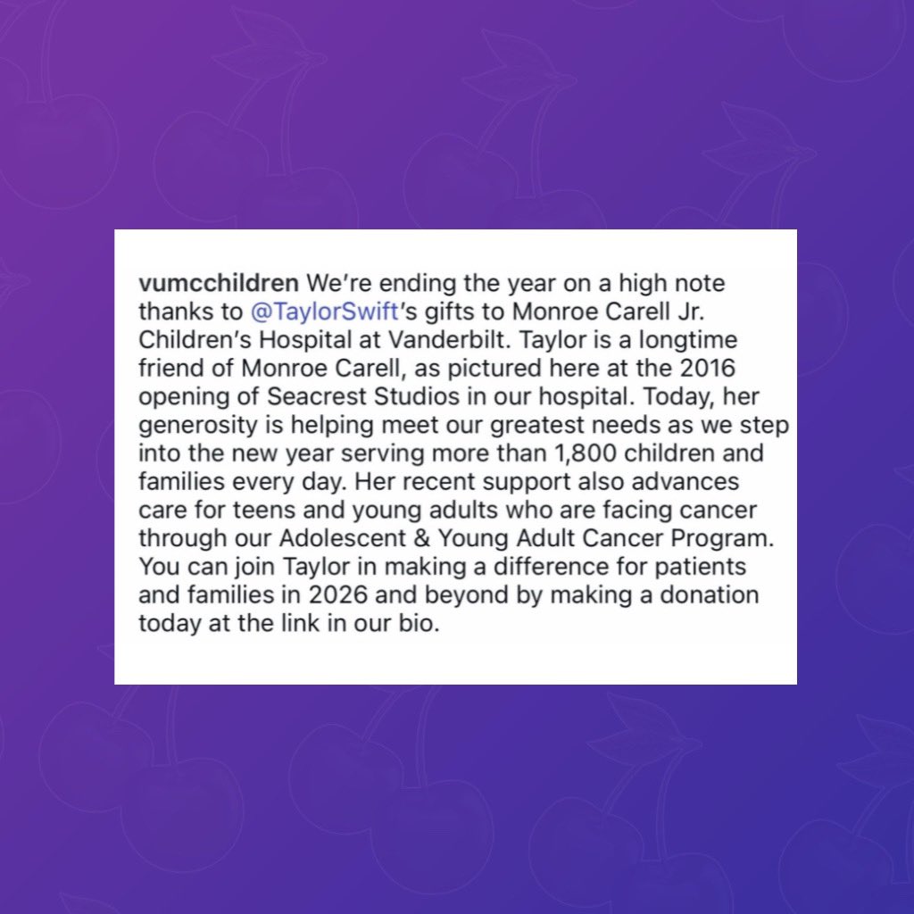 PopBase's tweet photo. Taylor Swift has made a generous donation to Monroe Carell Jr. Children's Hospital at Vanderbilt, the hospital reveals. https://t.co/4NaYkzqWUq