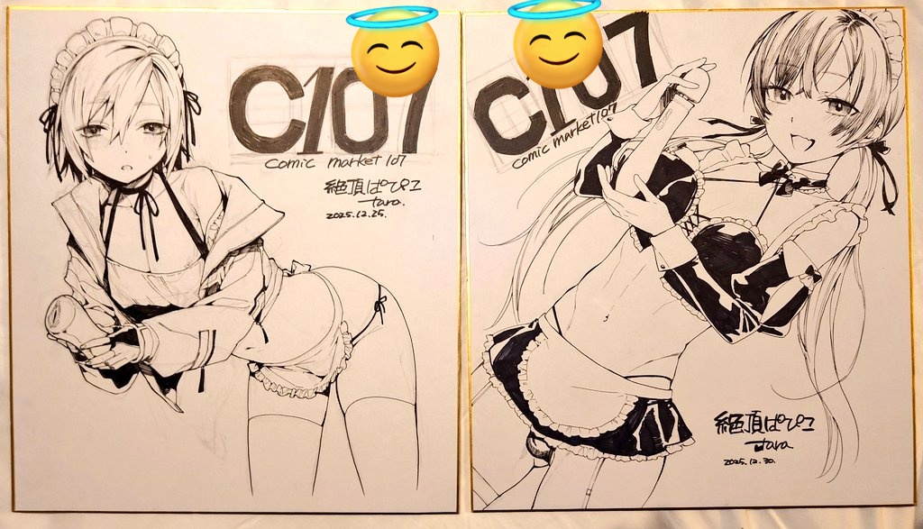 設営完了!

【手描き色紙】
◆競り下げ方式の2軒点(画像に♥)
◆定額の2点(画像に😇)
となっており、頒布開始は11時からです 