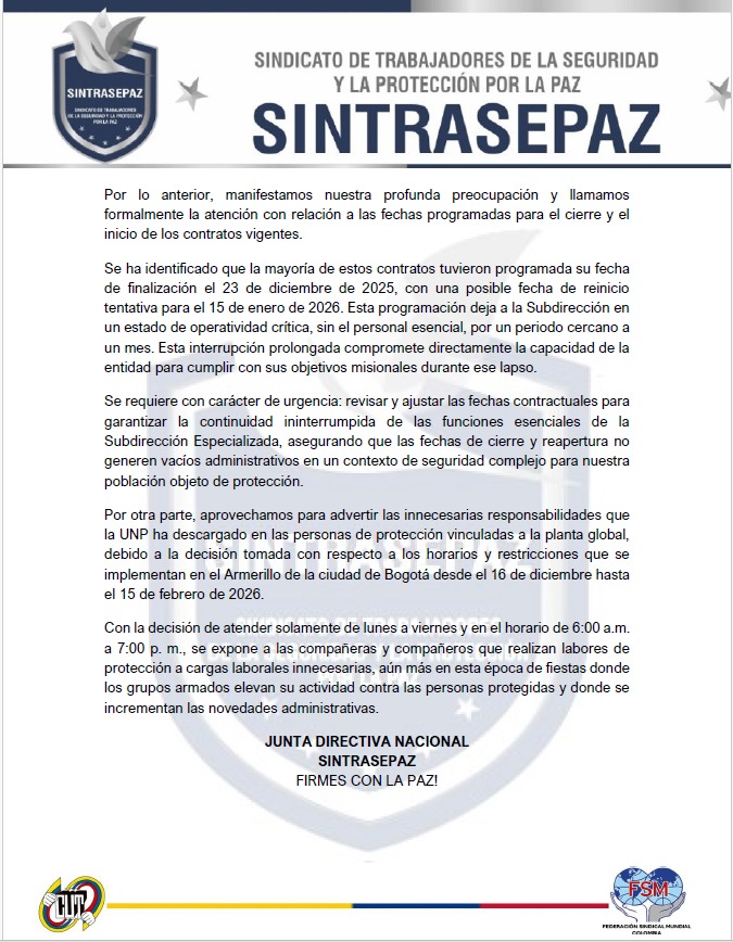 Profunda preocupación nos genera la denuncia pública realizada por <a href="/ComunesCoL/">Partido COMUNES 🌹</a> advirtiendo una posible masacre laboral en la Subdirección Especializada de la <a href="/UNPColombia/">Unidad Nacional de Protección, UNP.</a>.
Una situación desafortunada, toda vez que nuestro Gobierno tiene por objetivo  implementar el Acuerdo de Paz