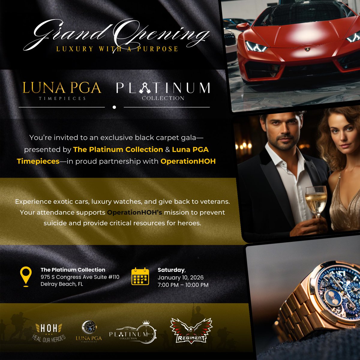 RegimentGG's tweet image. We are grateful to announce that REGIMENT has been selected as the benefiting charity for the upcoming “Luxury with a Purpose” event! 

🗓️ Saturday, January 10, 2026 | 7:00 PM - 10:00 PM
🏙️ The Platinum Collection | 975 S Congress Ave Suite #110, Delray Beach, FL

Learn more /…