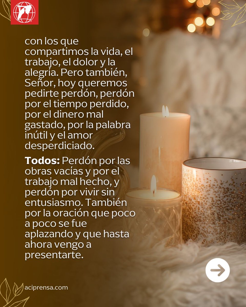 npyoficial's tweet photo. Te compartimos esta oración para rezarla antes de la medianoche del 31 de diciembre:

Todos: En el nombre del Padre, del Hijo y del Espíritu Santo. Amén.

Lector 1: “Señor, Dios, dueño del tiempo y de la eternidad, tuyo es el hoy y el mañana, el pasado y el futuro. Al terminar este año queremos darte gracias por todo aquello que recibimos de ti.
Gracias por la vida y el amor, por las flores, el aire y el sol, por la alegría y el dolor, por cuanto fue posible y por lo que no pudo ser. Te ofrecemos cuanto hicimos en este año, el trabajo que pudimos realizar, las cosas que pasaron por nuestras manos y lo que con ellas pudimos construir.

Lector 2: Te presentamos a las personas que a lo largo de estos meses quisimos, las amistades nuevas y los antiguos que conocimos, los más cercanos a nosotros y los que estén más lejos, los que nos dieron su mano y aquellos a los que pudimos ayudar, con los que compartimos la vida, el trabajo, el dolor y la alegría
Pero también, Señor, hoy queremos pedirte perdón, perdón por el tiempo perdido, por el dinero mal gastado, por la palabra inútil y el amor desperdiciado.

Todos: Perdón por las obras vacías y por el trabajo mal hecho, y perdón por vivir sin entusiasmo. También por la oración que poco a poco se fue aplazando y que hasta ahora vengo a presentarte. Por todos los olvidos, descuidos y silencios, nuevamente te pido perdón.
A pocos minutos de iniciar un nuevo año, detengo mi vida ante el nuevo calendario aún sin estrenar y te presento estos días que sólo tú sabes si llegaré a vivirlos.
Hoy te pido para mí y los míos la paz y la alegría, la fuerza y la prudencia, la claridad y la sabiduría. Quiero vivir cada día con optimismo y bondad llevando a todas partes un corazón lleno de comprensión y paz.
Cierra tú mis oídos a toda falsedad y mis labios a palabras mentirosas, egoístas, mordaces o hirientes. Abre en cambio mi ser a todo lo que es bueno, que mi espíritu se llene sólo de bendiciones y las derrame a mi paso. Amén.”

Rezar un Padre Nuestro, un Ave María y un Gloria.

Todos: La paz sea contigo. ¡Feliz año Nuevo!

#NPY vía ACI Prensa
